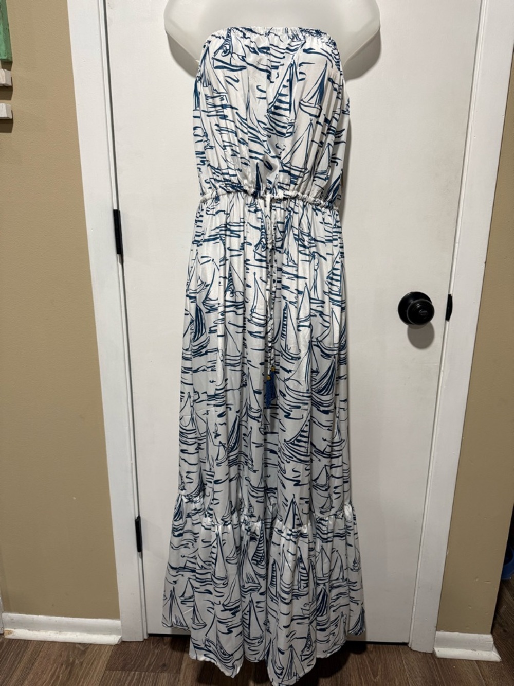 True Destinations Strapless Maxi Dress with Navy Sailboat Print-#1401